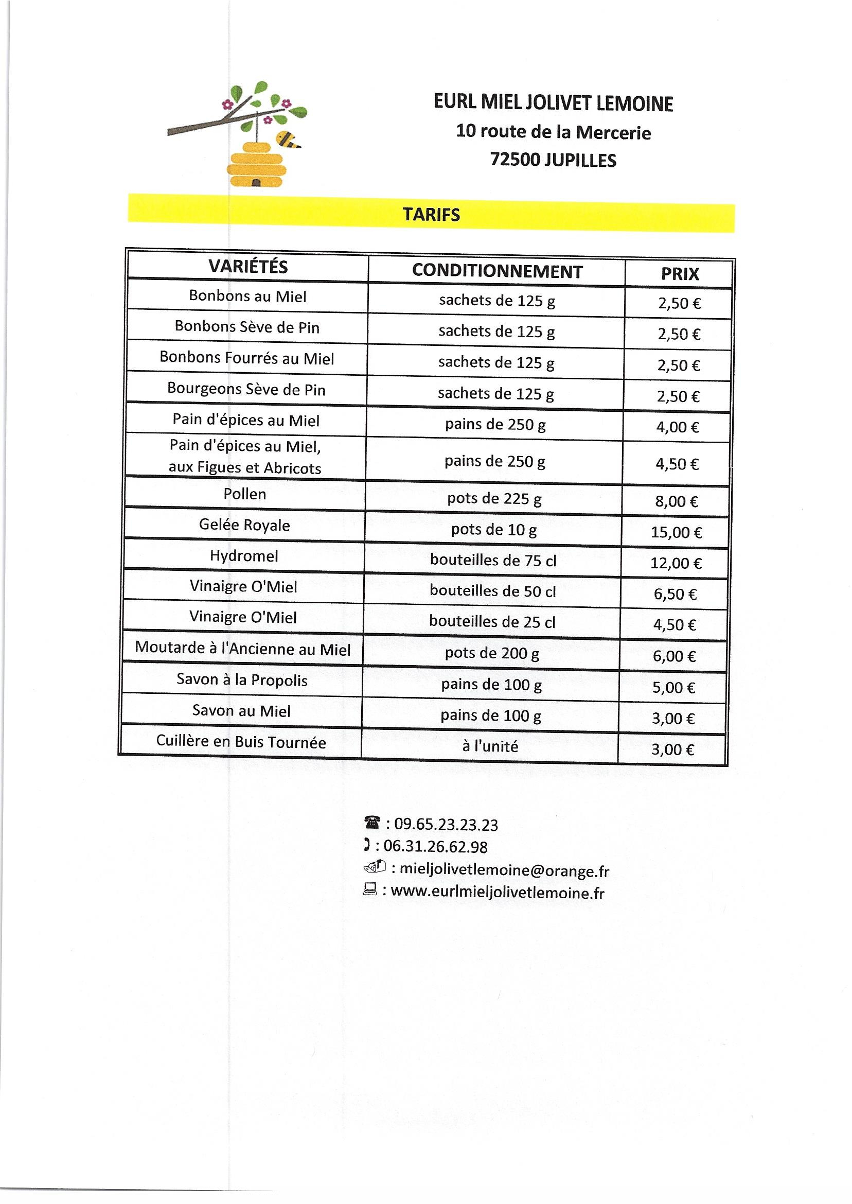 tarif produit de la ruche