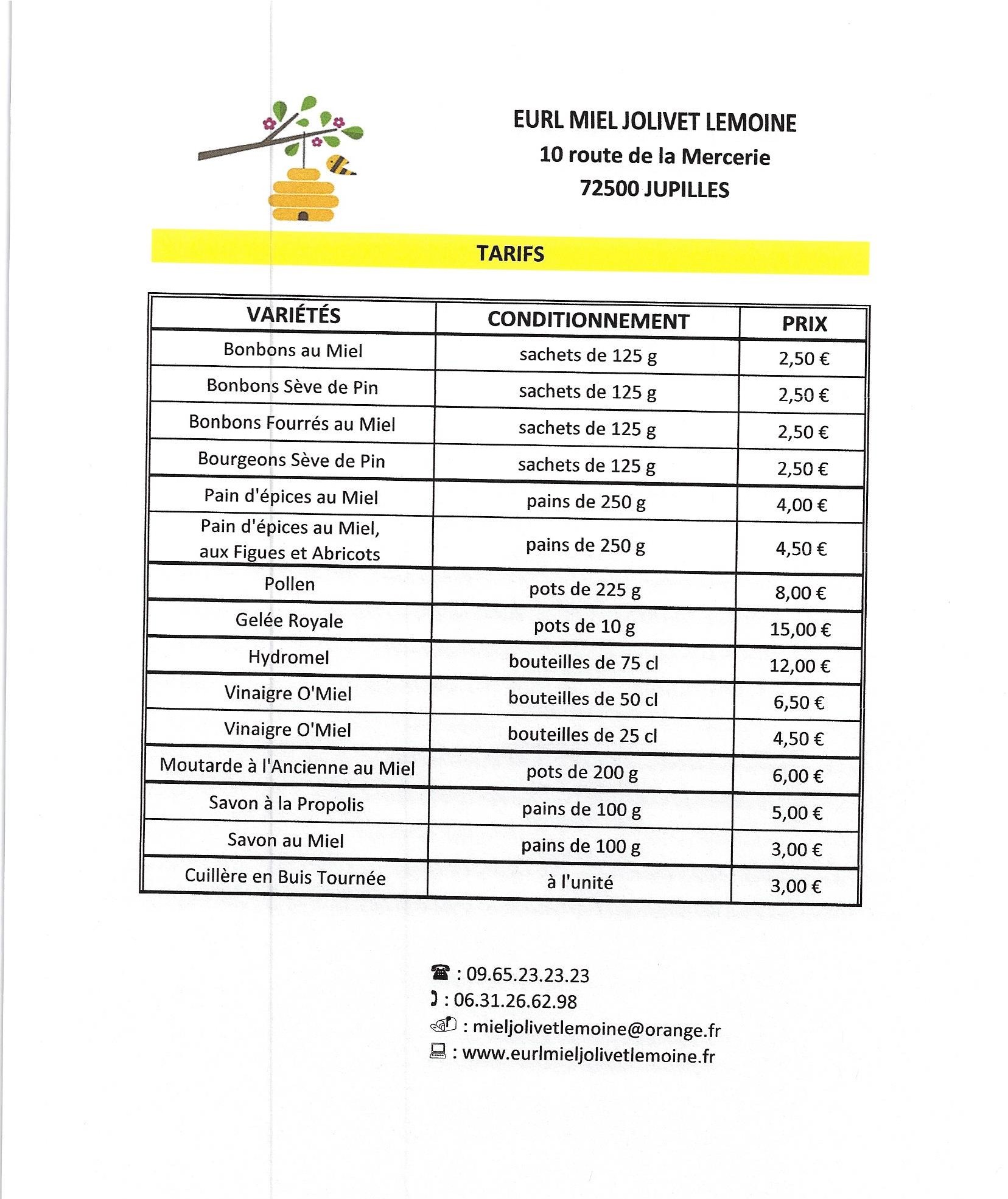 tarif produit de la ruche