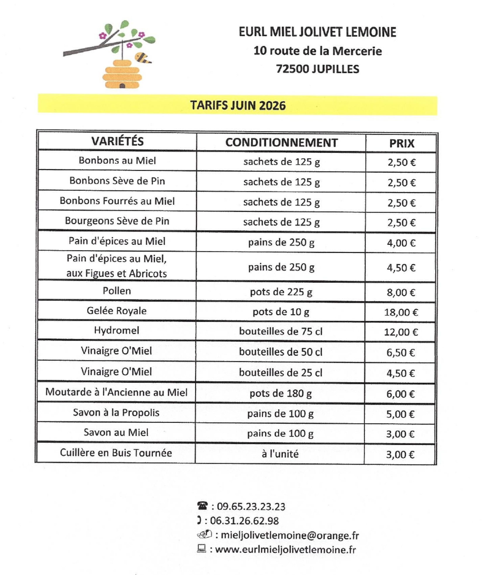 tarif produit de la ruche